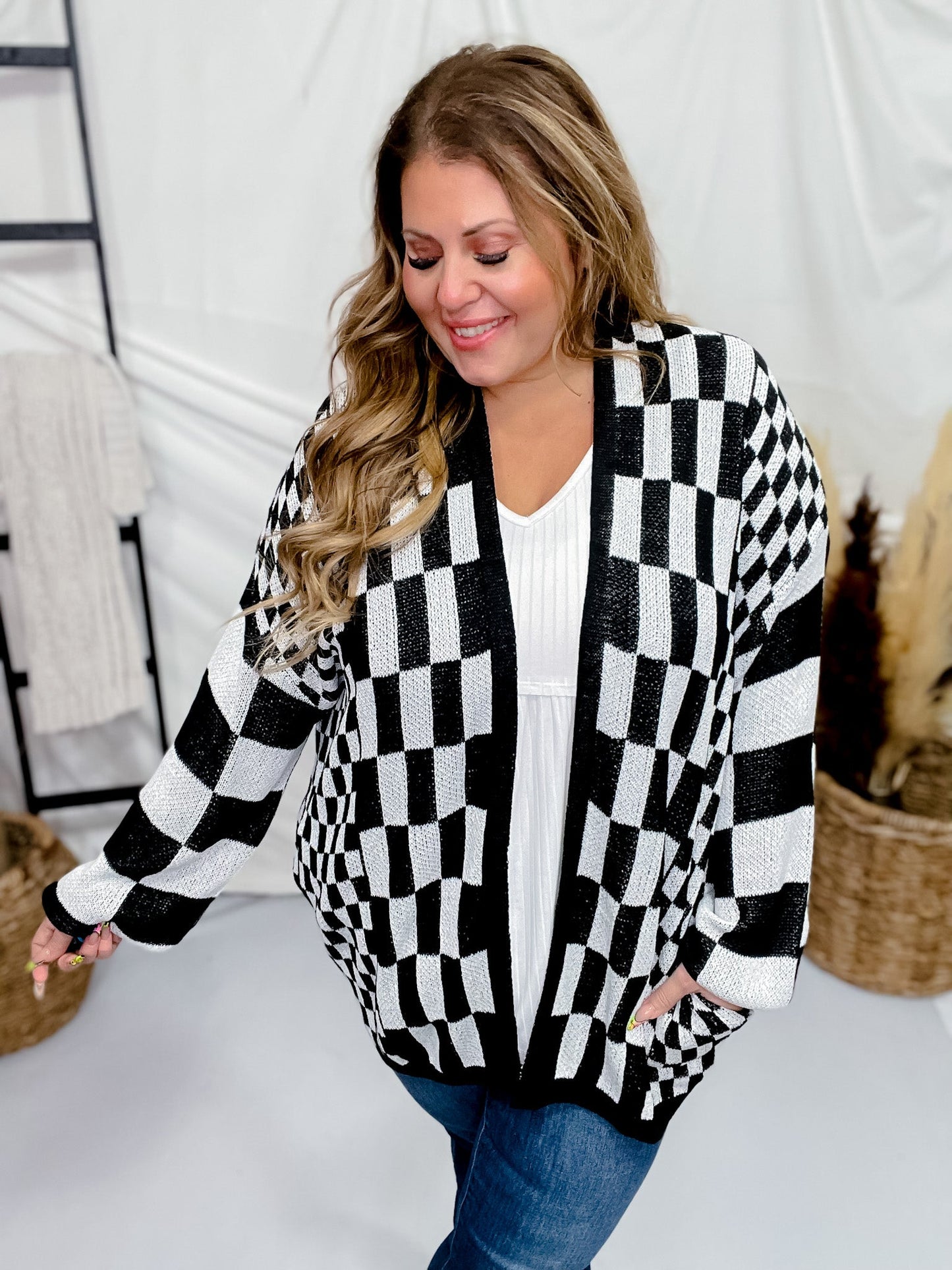 Black & White Checkerboard Open Front Cardigan - Whiskey Skies - DAVI & DANI