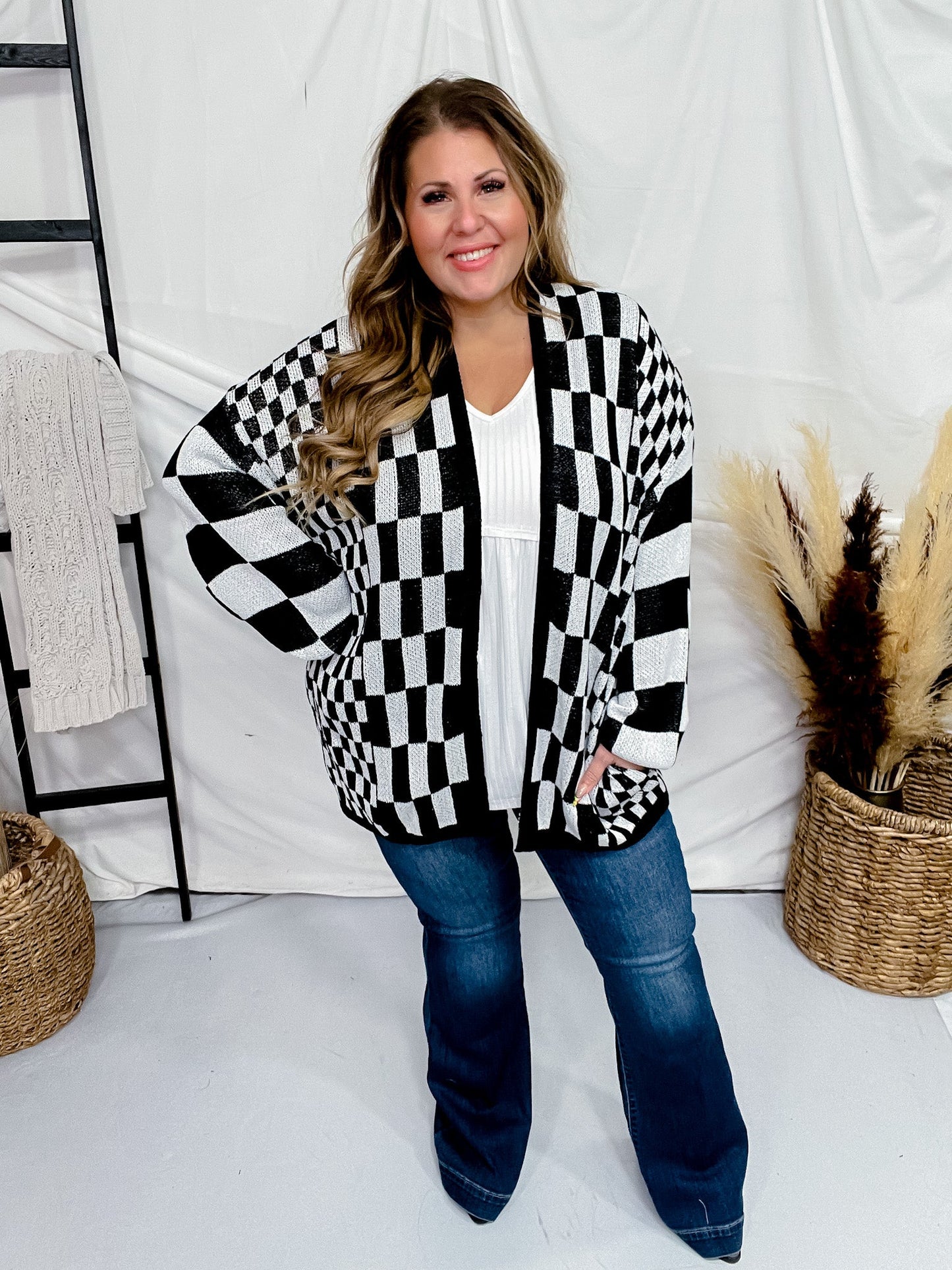 Black & White Checkerboard Open Front Cardigan - Whiskey Skies - DAVI & DANI