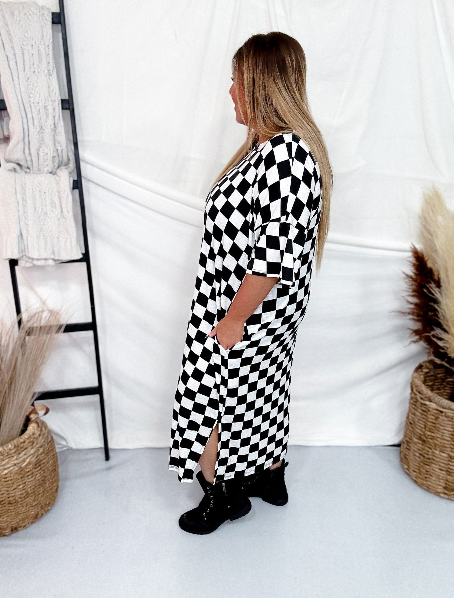 Black & White Checkerboard Ribbed Midi Dress Black & White Checkerboard Ribbed Midi Dress
