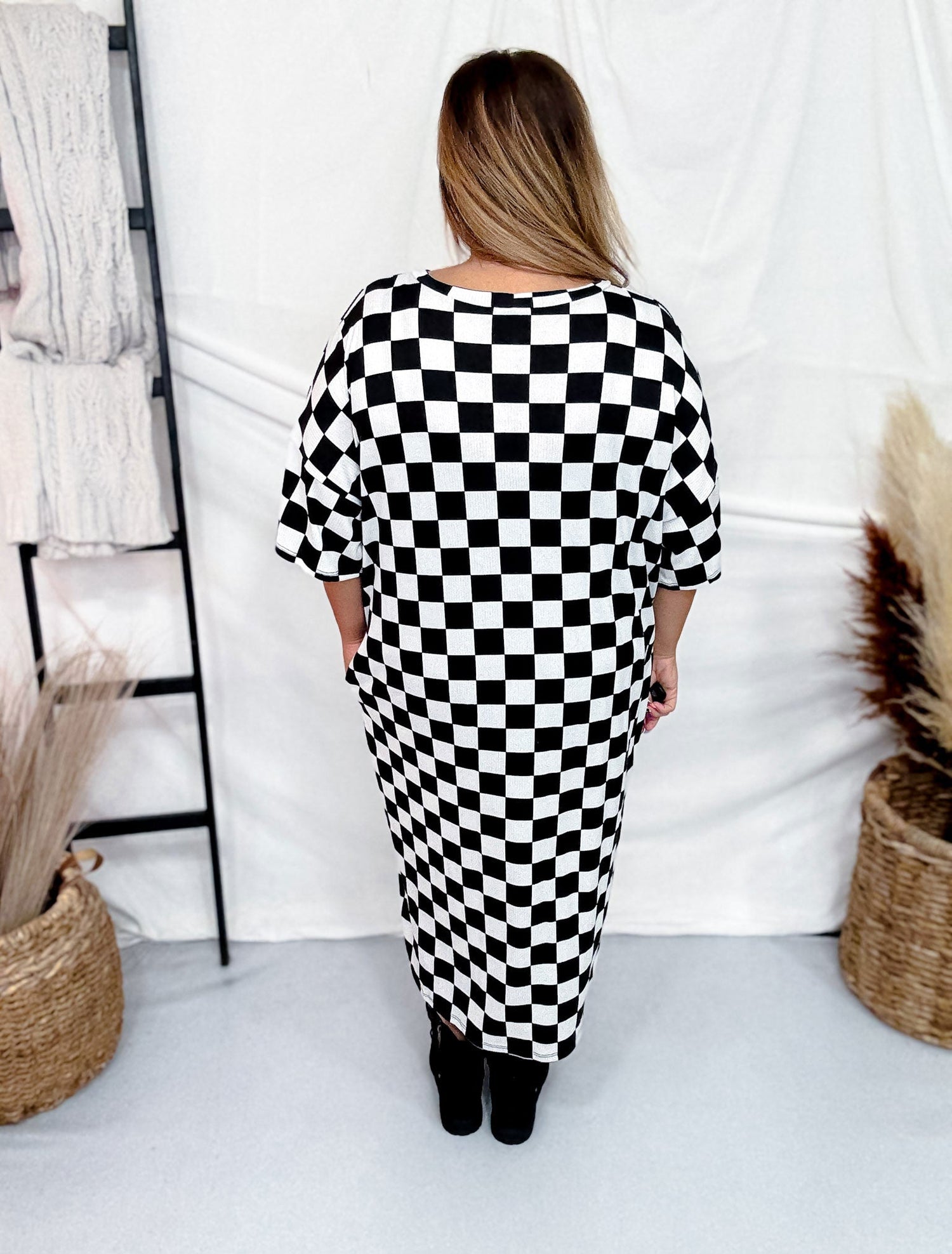 Black & White Checkerboard Ribbed Midi Dress - Whiskey Skies Black & White Checkerboard Ribbed Midi Dress - Whiskey Skies