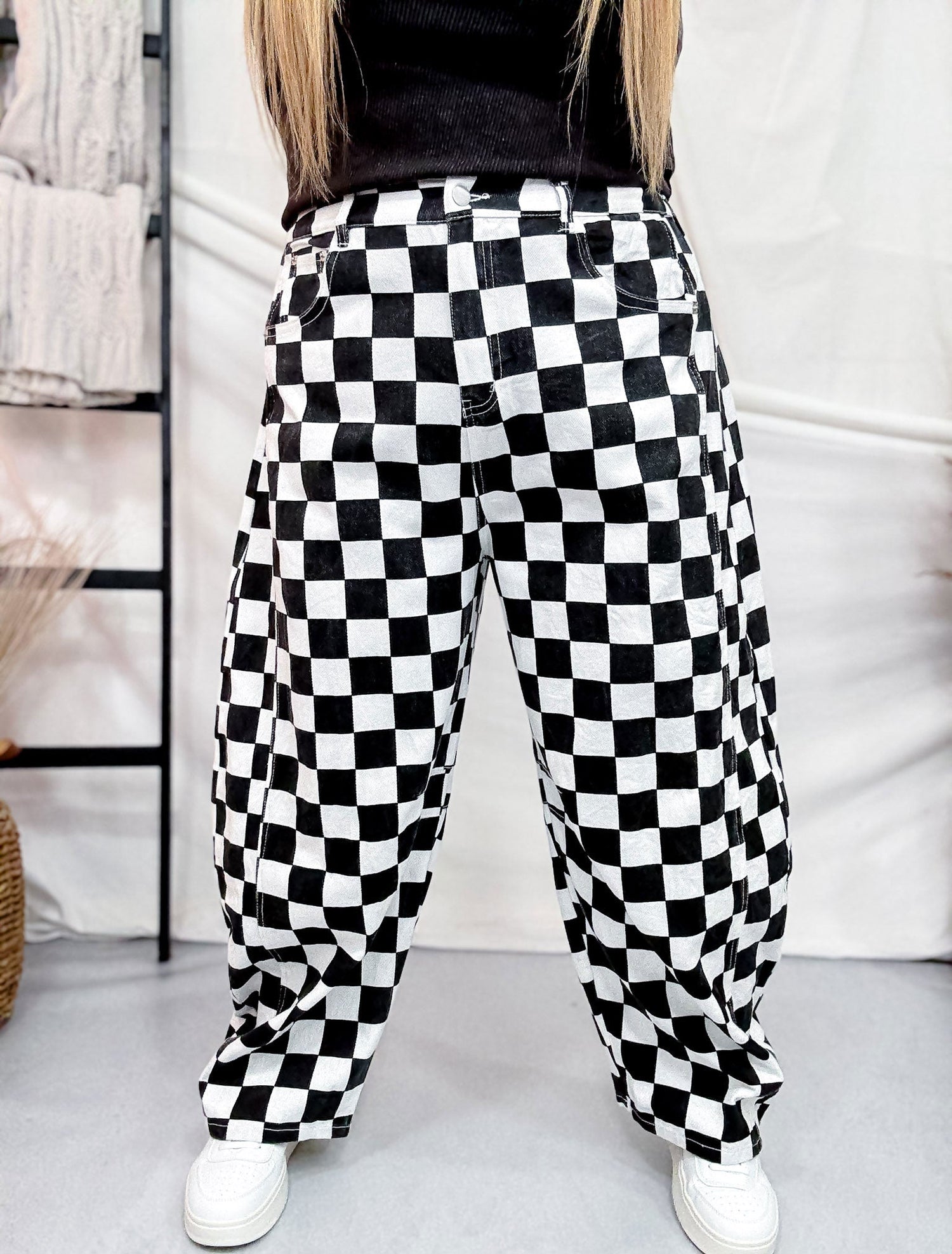Black White Checkered Barrel Leg Pants Whiskey Skies