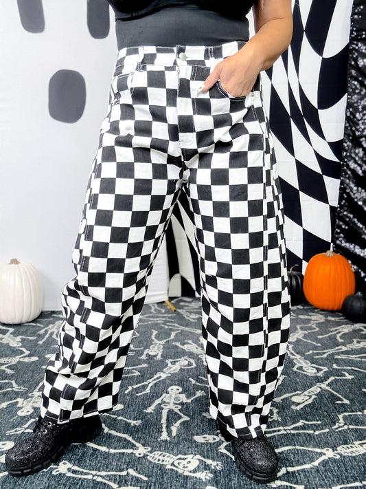 Black & White Checkered Barrel Leg Pants - Whiskey Skies - ODDI