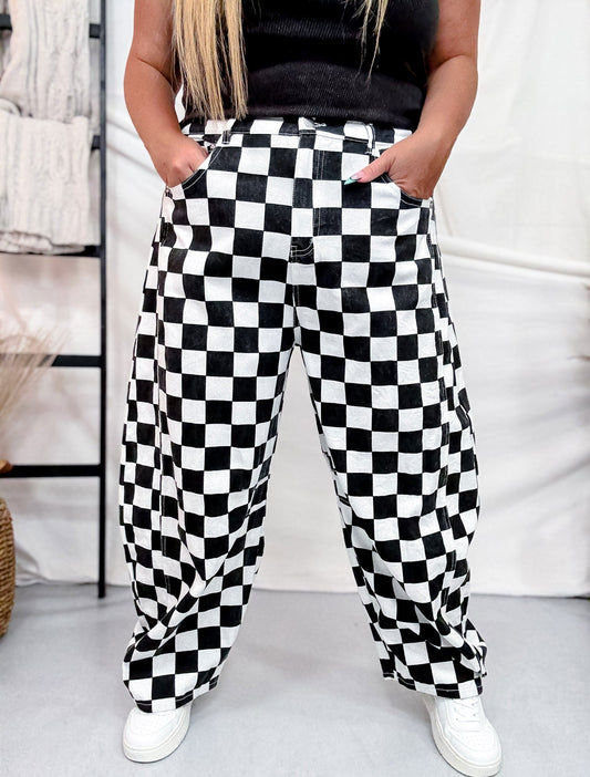 Black & White Checkered Barrel Leg Pants - Whiskey Skies - ODDI