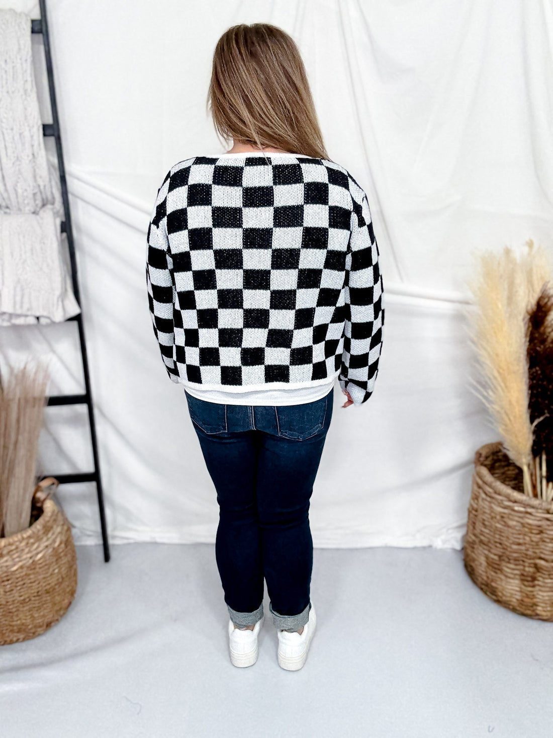 Black & White Checkered Bow Closure Cardigan - Whiskey Skies - SWEET GENERIS