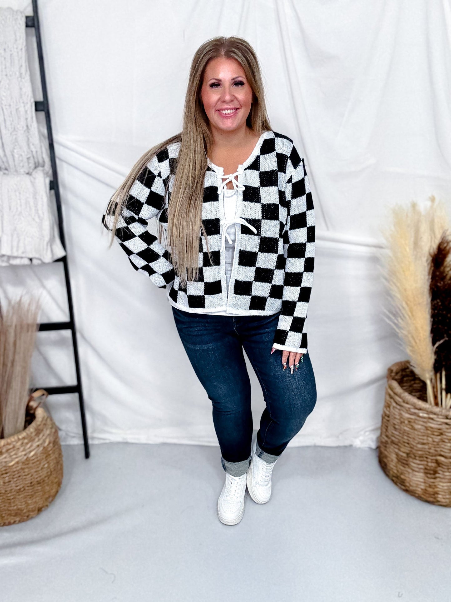 Black & White Checkered Bow Closure Cardigan - Whiskey Skies - SWEET GENERIS