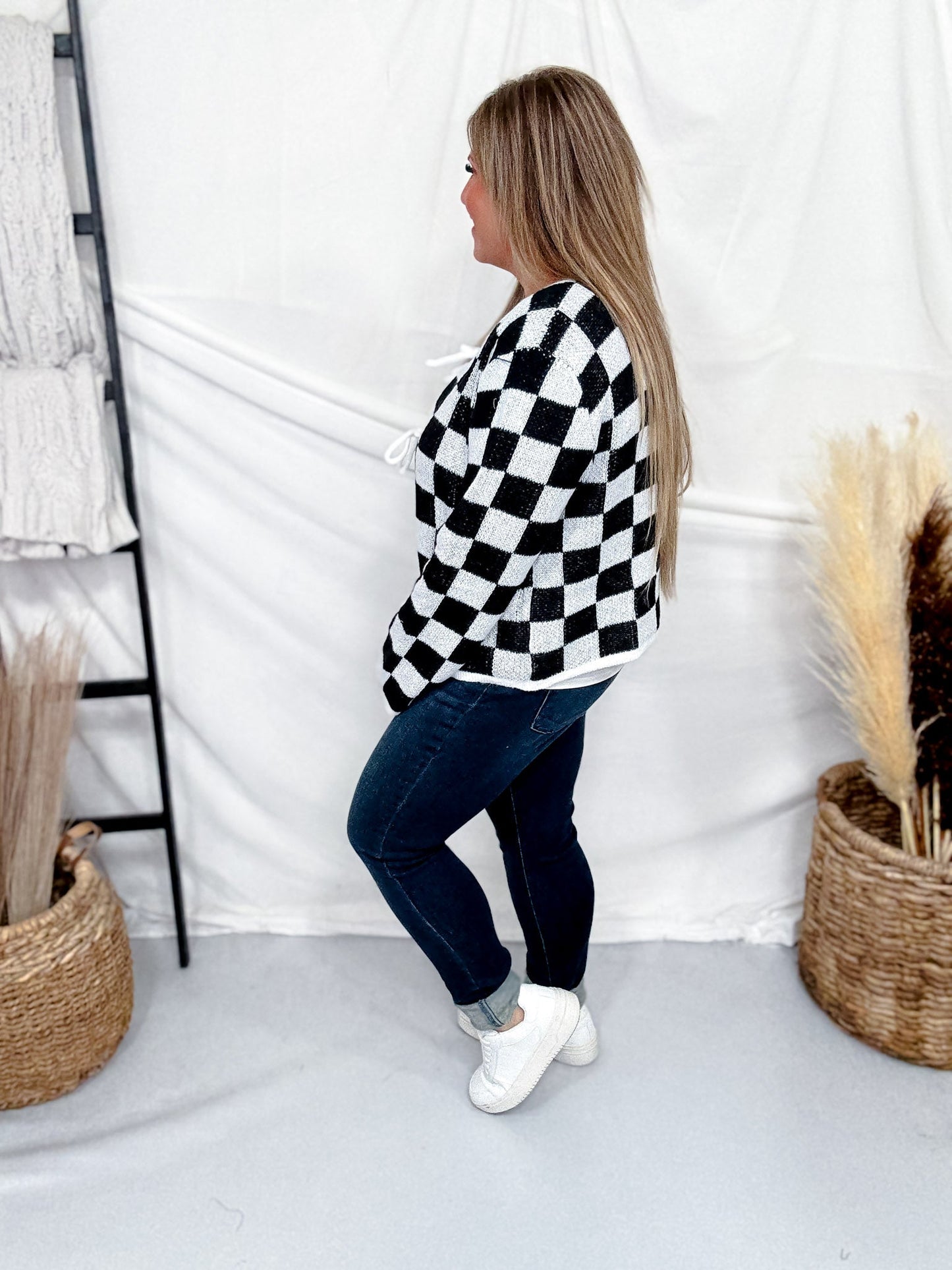 Black & White Checkered Bow Closure Cardigan - Whiskey Skies - SWEET GENERIS