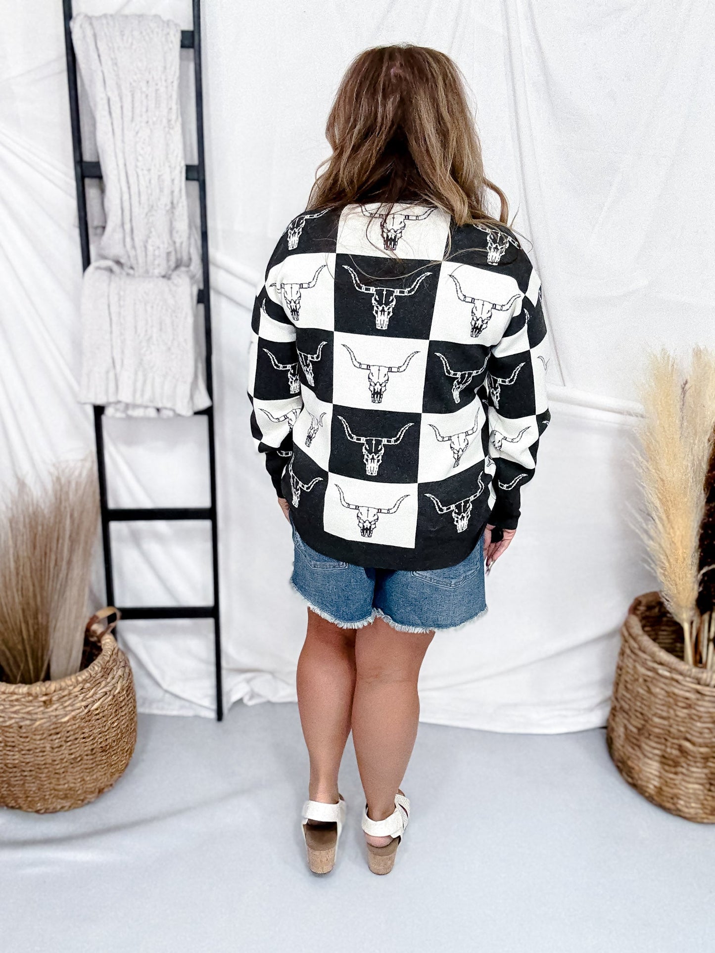 Black & White Checkered Cow Skull Print Sweater - Whiskey Skies - ROWDY CROWD CLOTHING
