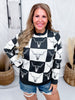 Black & White Checkered Cow Skull Print Sweater - Whiskey Skies - ROWDY CROWD CLOTHING