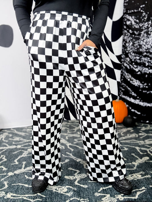 Black & White Checkered Elastic Waist Pants - Whiskey Skies - BIRD & CO