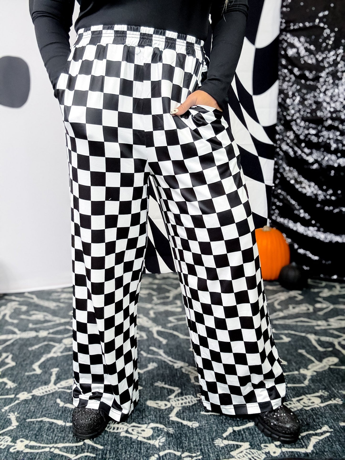 Black & White Checkered Elastic Waist Pants - Whiskey Skies - BIRD & CO
