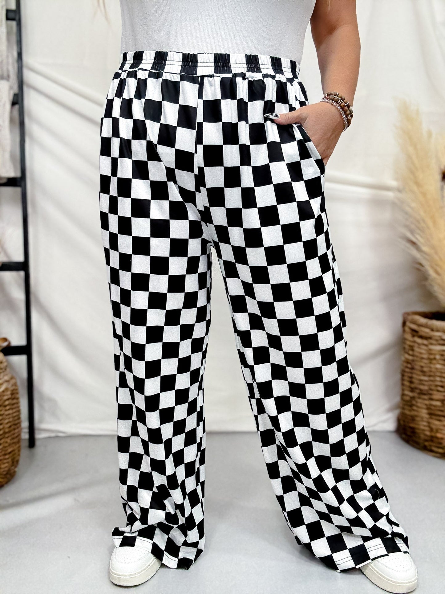 Black & White Checkered Elastic Waist Pants - Whiskey Skies - BIRD & CO