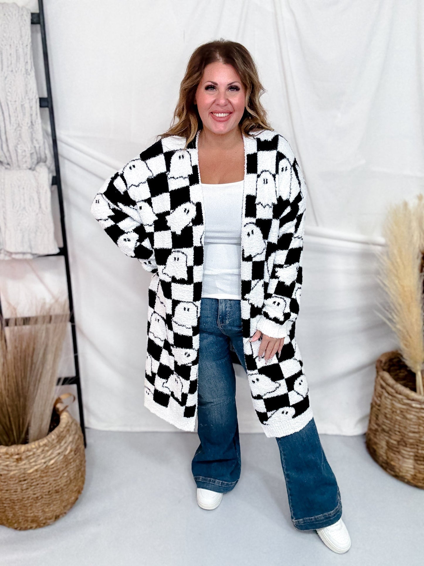 Black & White Checkered Ghost Print Cardigan - Whiskey Skies - BLAKELEY