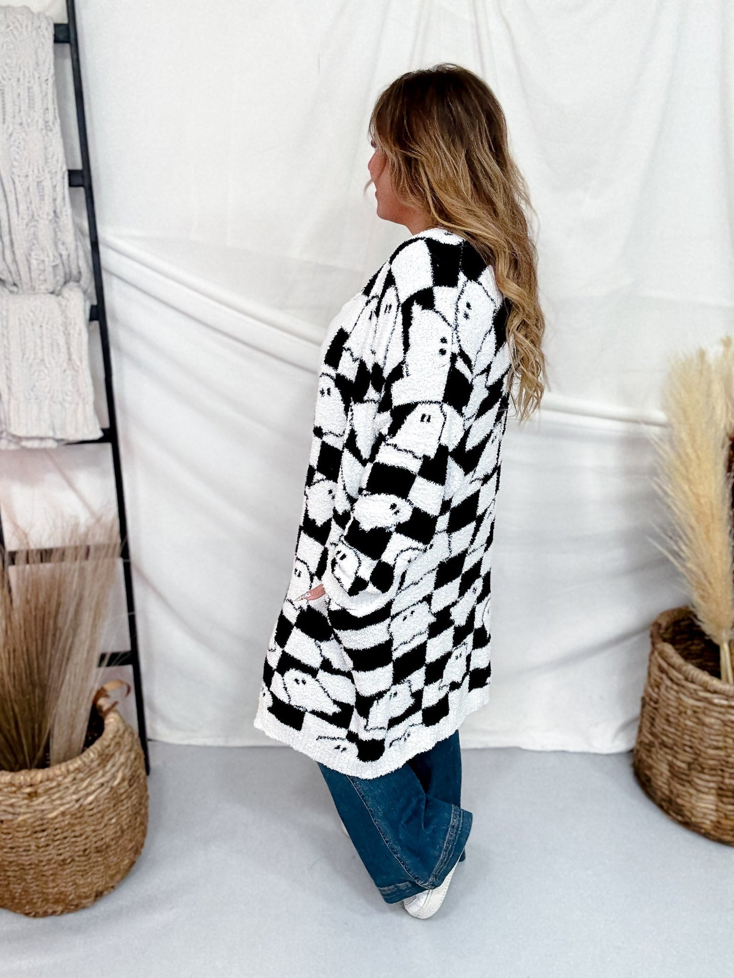 Black & White Checkered Ghost Print Cardigan - Whiskey Skies - BLAKELEY