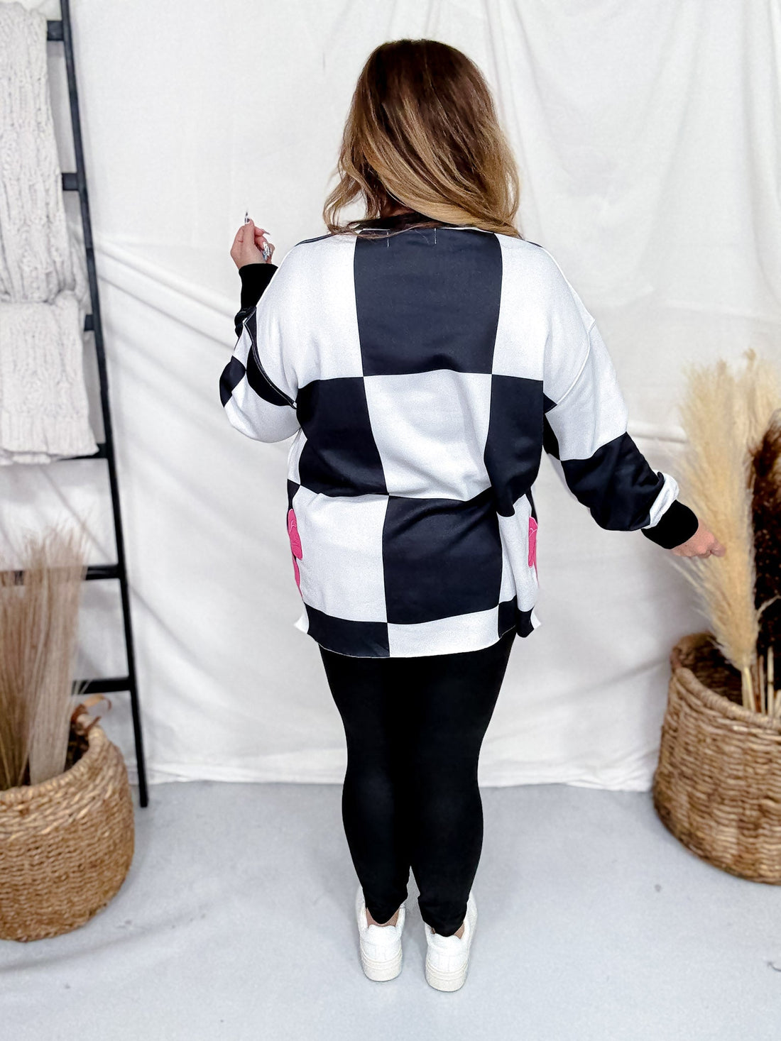 Black & White Checkered Sweatshirt With Pink Bow Accents - Whiskey Skies - ROWDY CROWD CLOTHING