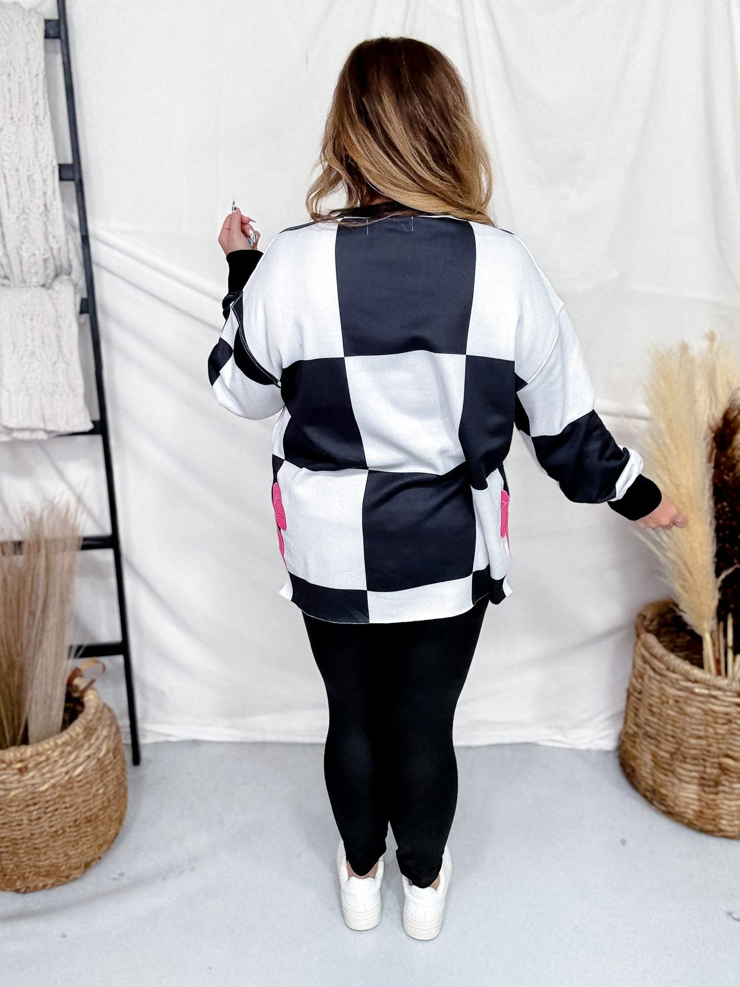 Black & White Checkered Sweatshirt With Pink Bow Accents - Whiskey Skies - ROWDY CROWD CLOTHING