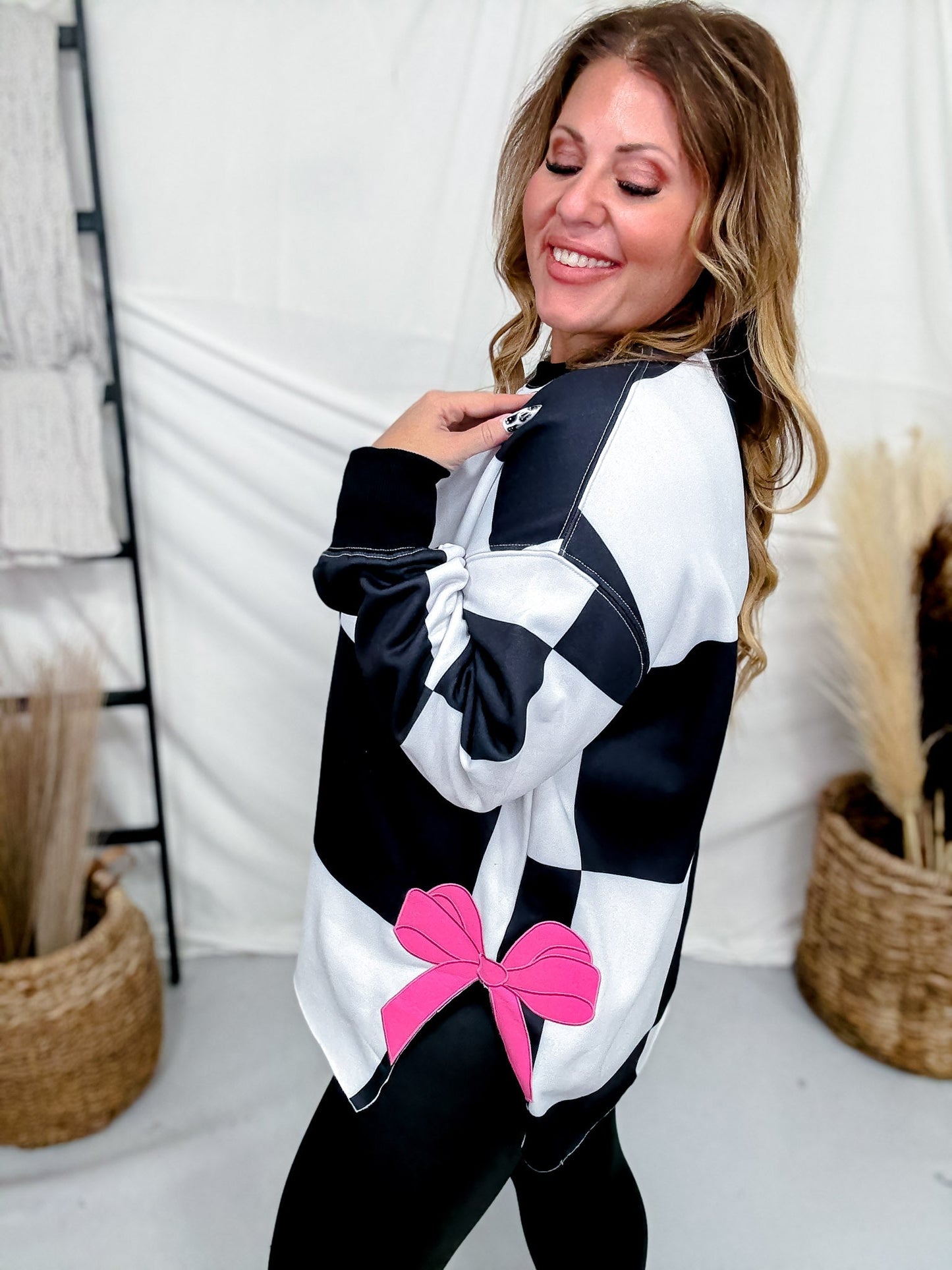 Black & White Checkered Sweatshirt With Pink Bow Accents - Whiskey Skies - ROWDY CROWD CLOTHING