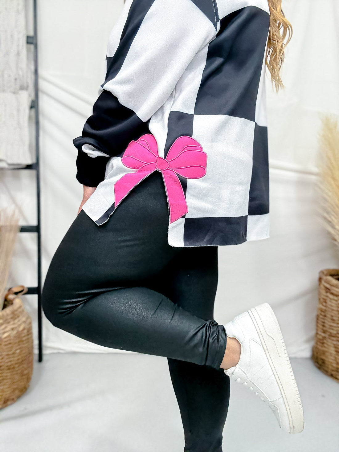 Black & White Checkered Sweatshirt With Pink Bow Accents - Whiskey Skies - ROWDY CROWD CLOTHING