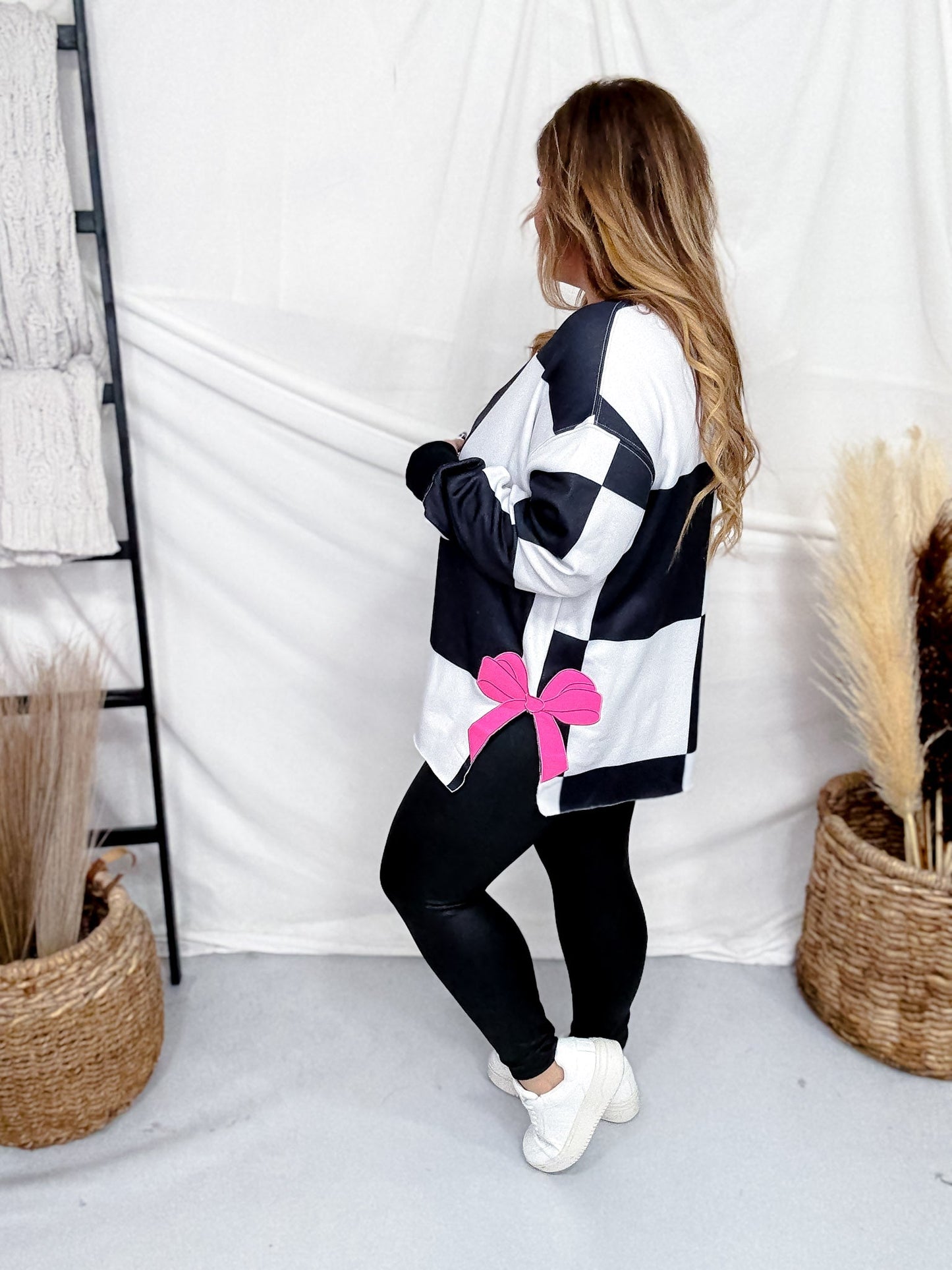 Black & White Checkered Sweatshirt With Pink Bow Accents - Whiskey Skies - ROWDY CROWD CLOTHING