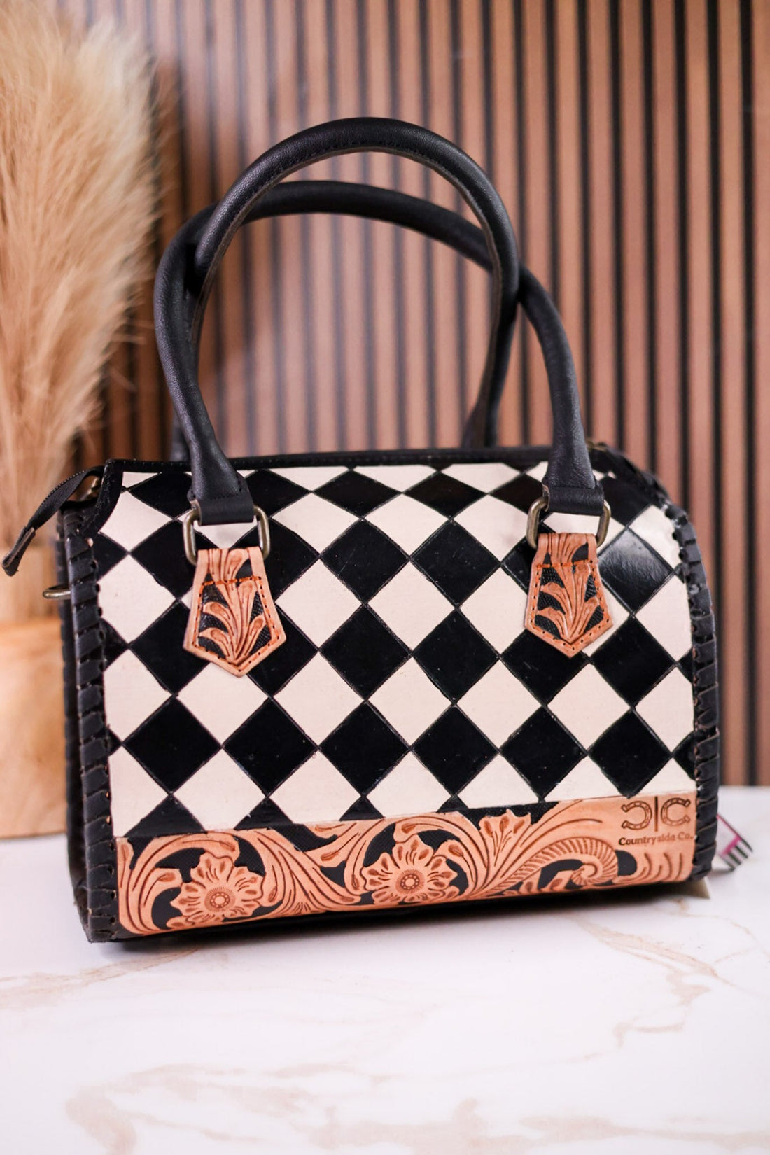 Black & White Checkered Tooled Leather Bag W/ Floral Tooling - Whiskey Skies - COUNTRYSIDE CO.