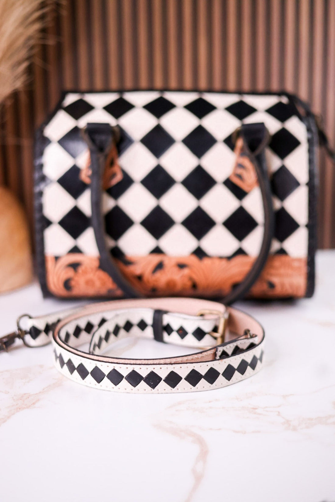 Black & White Checkered Tooled Leather Bag W/ Floral Tooling - Whiskey Skies - COUNTRYSIDE CO.
