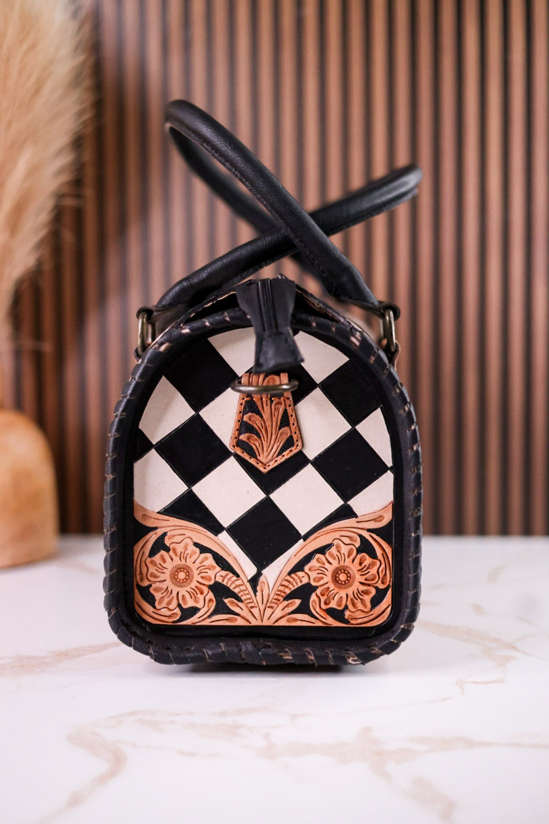 Black & White Checkered Tooled Leather Bag W/ Floral Tooling - Whiskey Skies - COUNTRYSIDE CO.