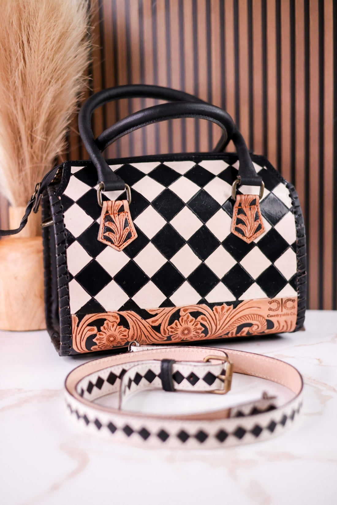 Black & White Checkered Tooled Leather Bag W/ Floral Tooling - Whiskey Skies - COUNTRYSIDE CO.