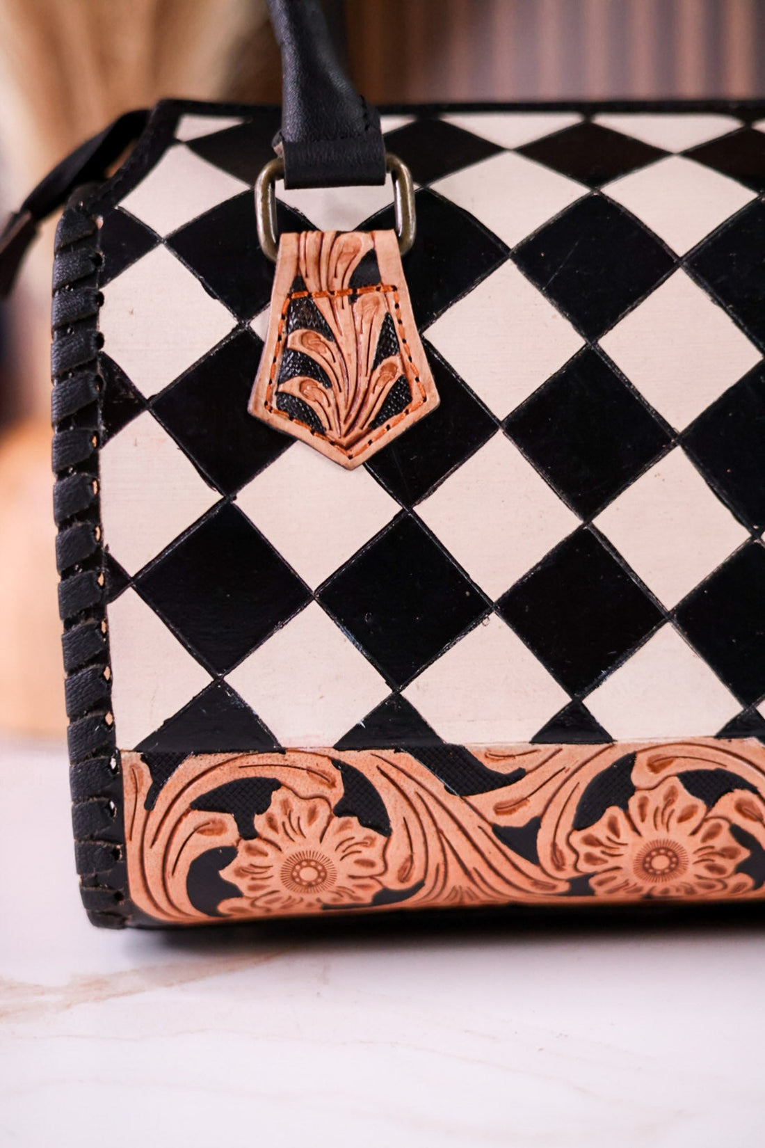 Black & White Checkered Tooled Leather Bag W/ Floral Tooling - Whiskey Skies - COUNTRYSIDE CO.