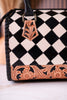 Black & White Checkered Tooled Leather Bag W/ Floral Tooling - Whiskey Skies - COUNTRYSIDE CO.