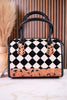 Black & White Checkered Tooled Leather Bag W/ Floral Tooling - Whiskey Skies - COUNTRYSIDE CO.