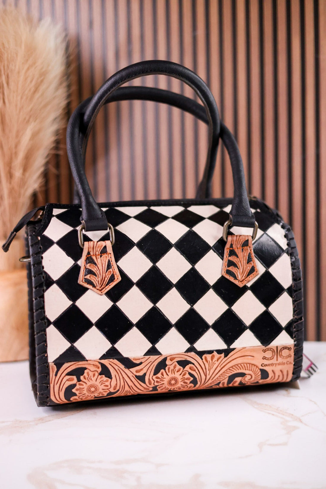 Black & White Checkered Tooled Leather Bag W/ Floral Tooling - Whiskey Skies - COUNTRYSIDE CO.