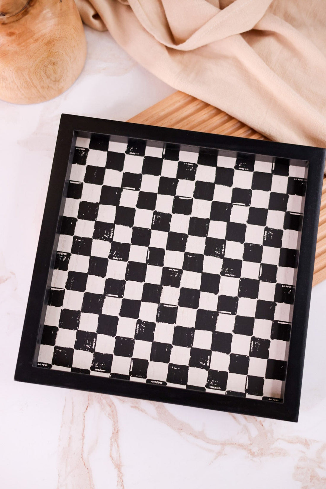 Black & White Checkered Wood Tray - Whiskey Skies - DEVANIE AT HOME