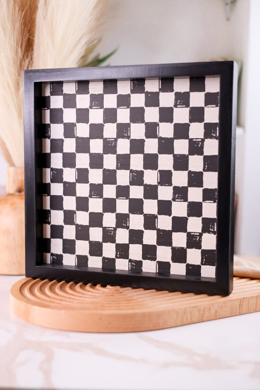 Black & White Checkered Wood Tray - Whiskey Skies - DEVANIE AT HOME