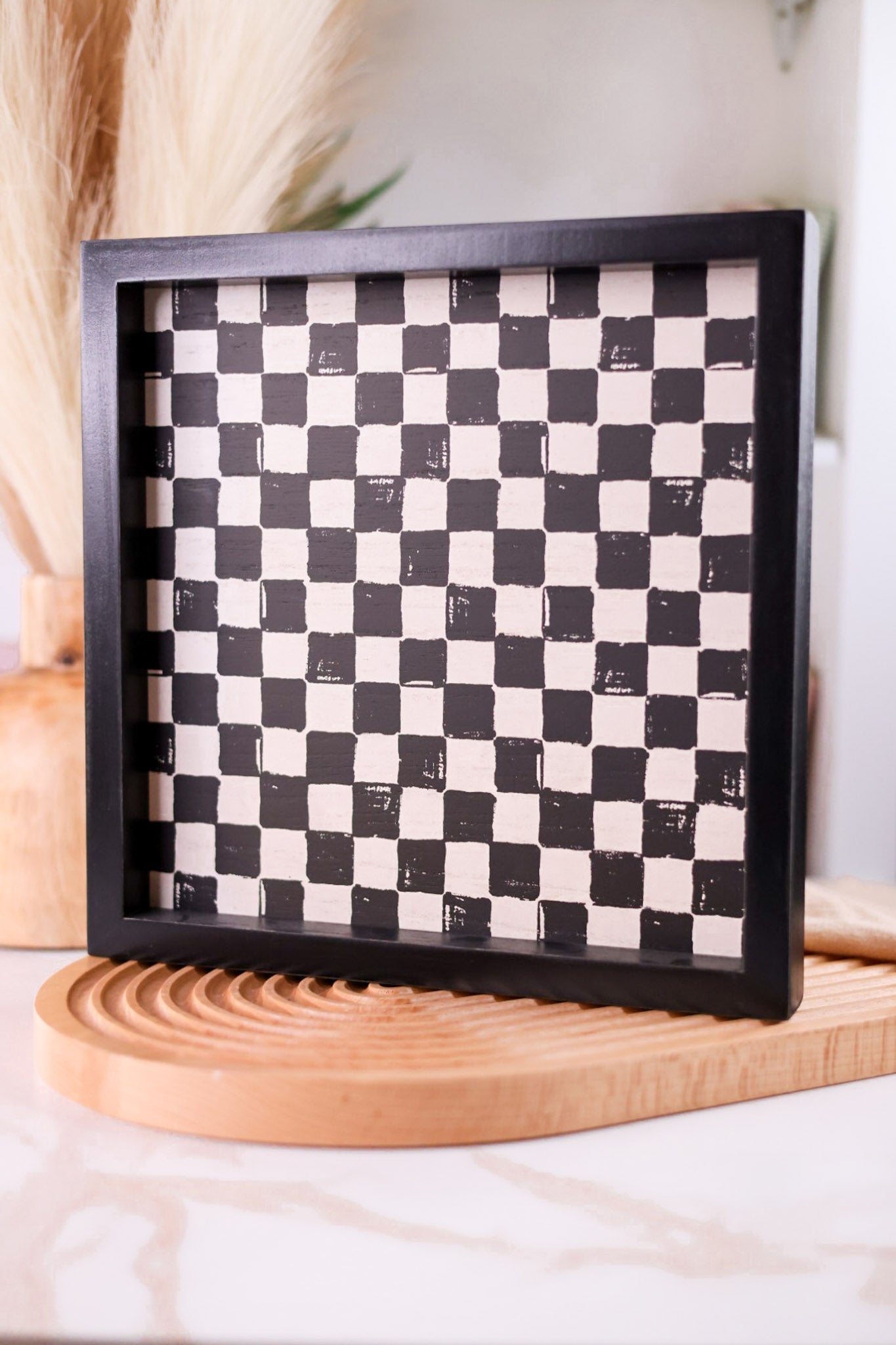 Black & White Checkered Wood Tray - Whiskey Skies - DEVANIE AT HOME