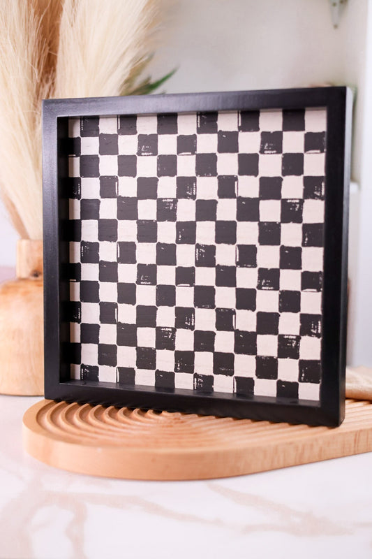 Black & White Checkered Wood Tray - Whiskey Skies - DEVANIE AT HOME