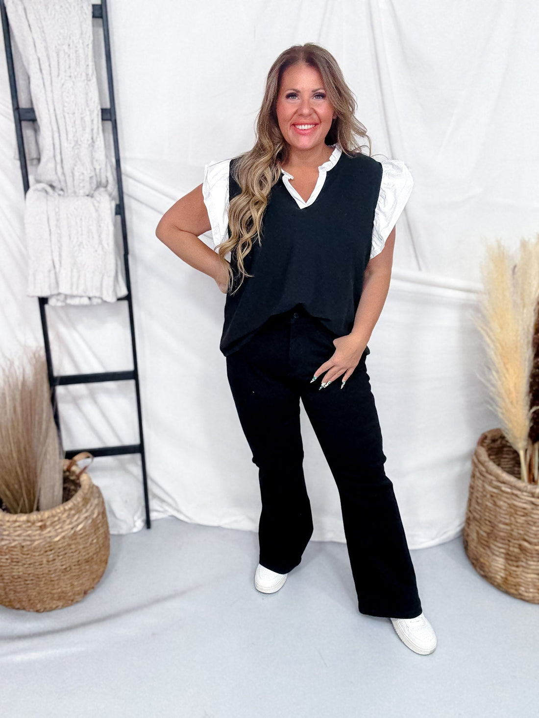 Black & White Contrast Ruffle Knit Top - Whiskey Skies - HAYDEN