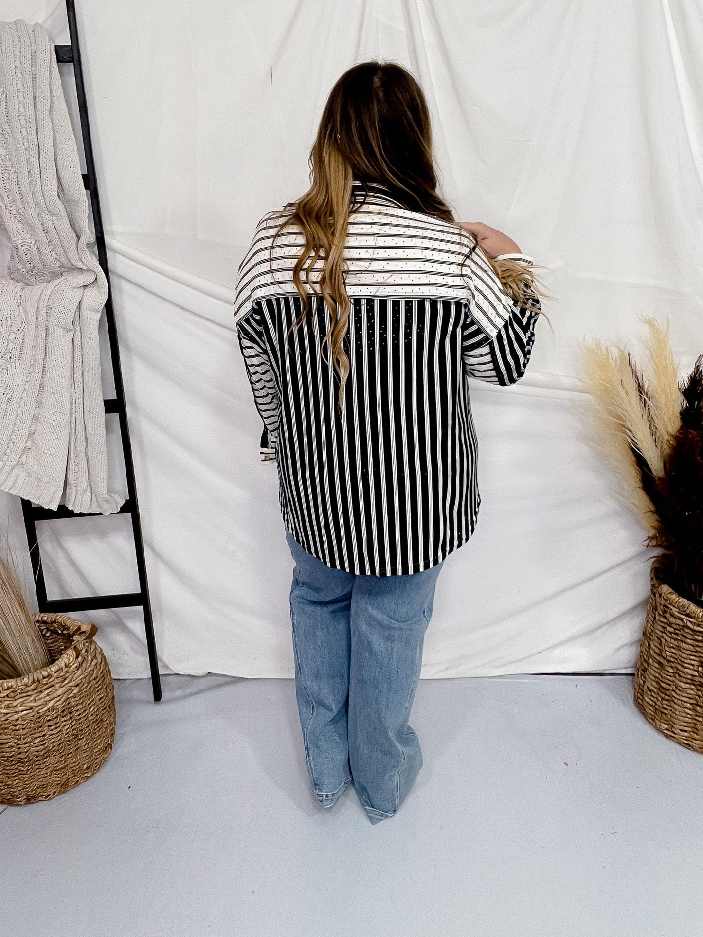 Black & White Contrasting Striped Button Down Top - Whiskey Skies - UMGEE