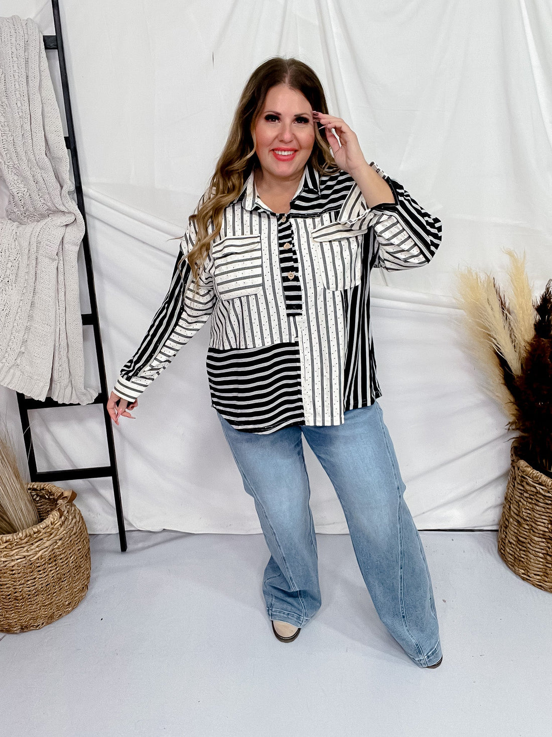Black & White Contrasting Striped Button Down Top - Whiskey Skies - UMGEE