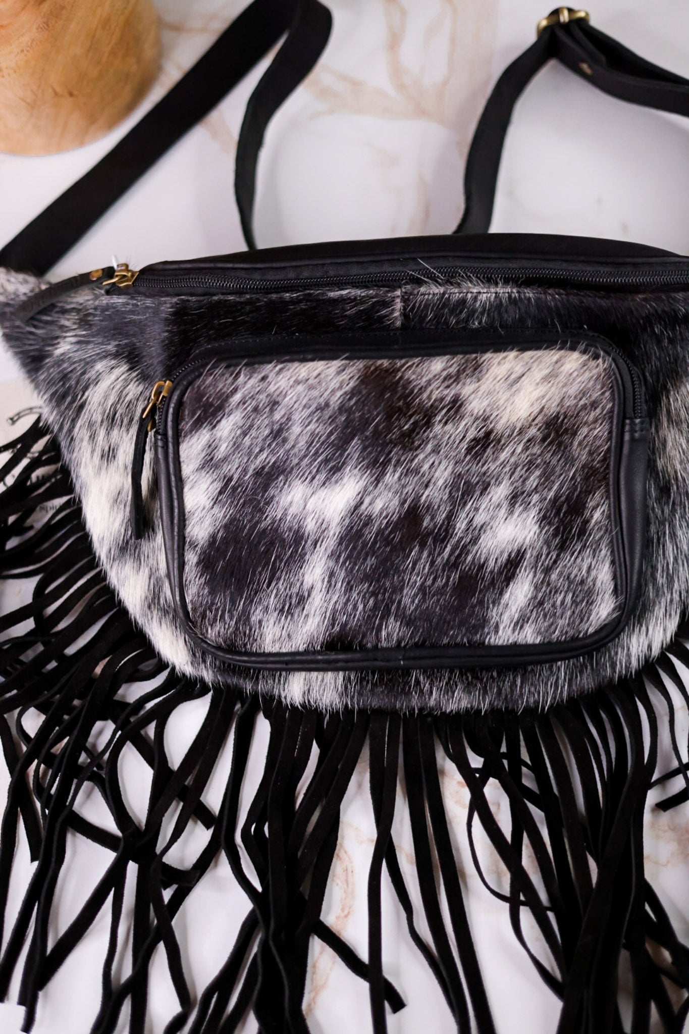 Black & White Cowhide Sling Bag With Fringe - Whiskey Skies - COUNTRYSIDE CO.