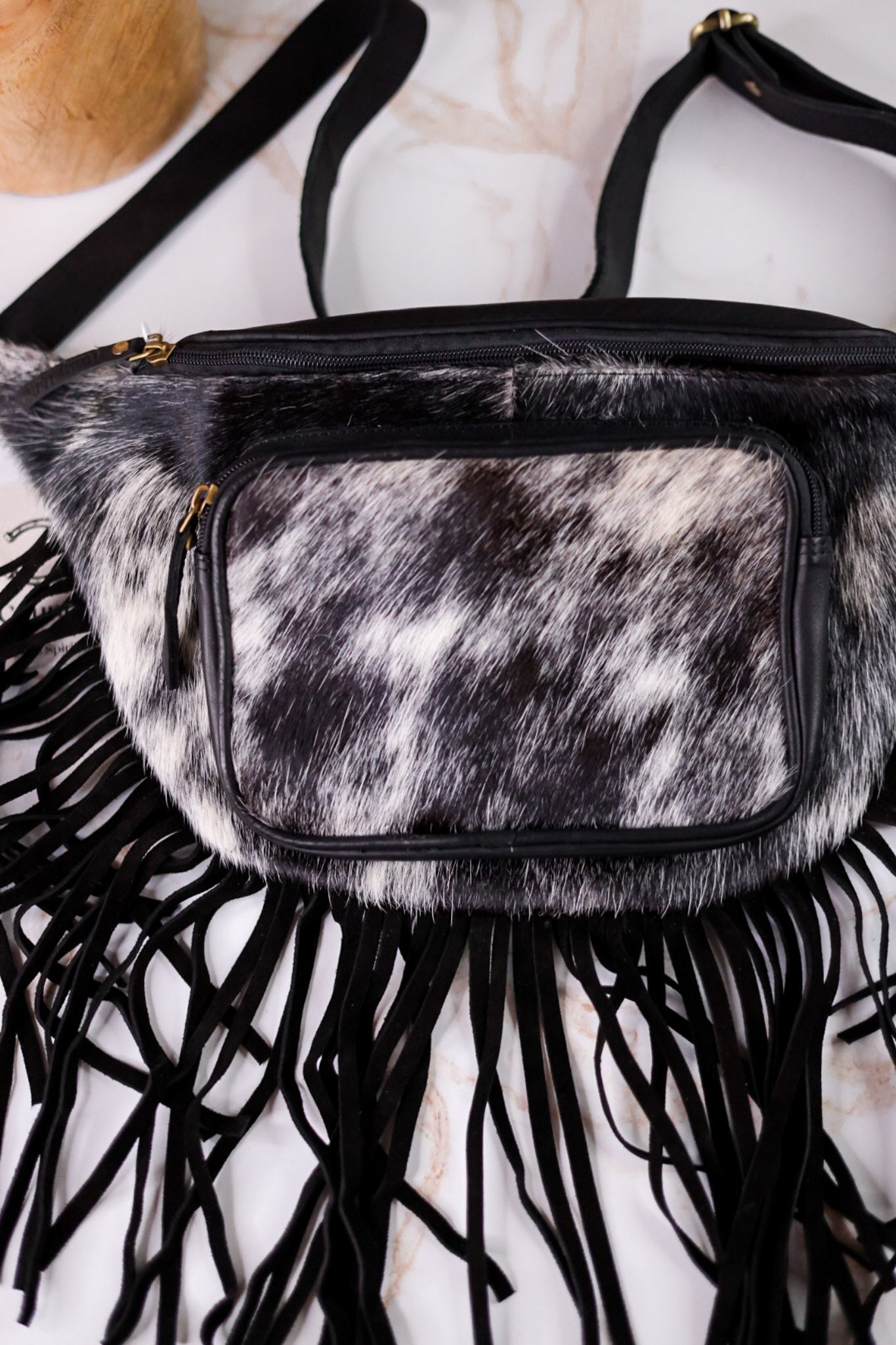 Black & White Cowhide Sling Bag With Fringe - Whiskey Skies - COUNTRYSIDE CO.