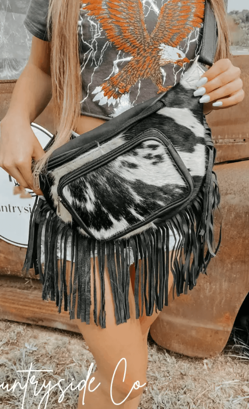 Black & White Cowhide Sling Bag With Fringe - Whiskey Skies - COUNTRYSIDE CO.