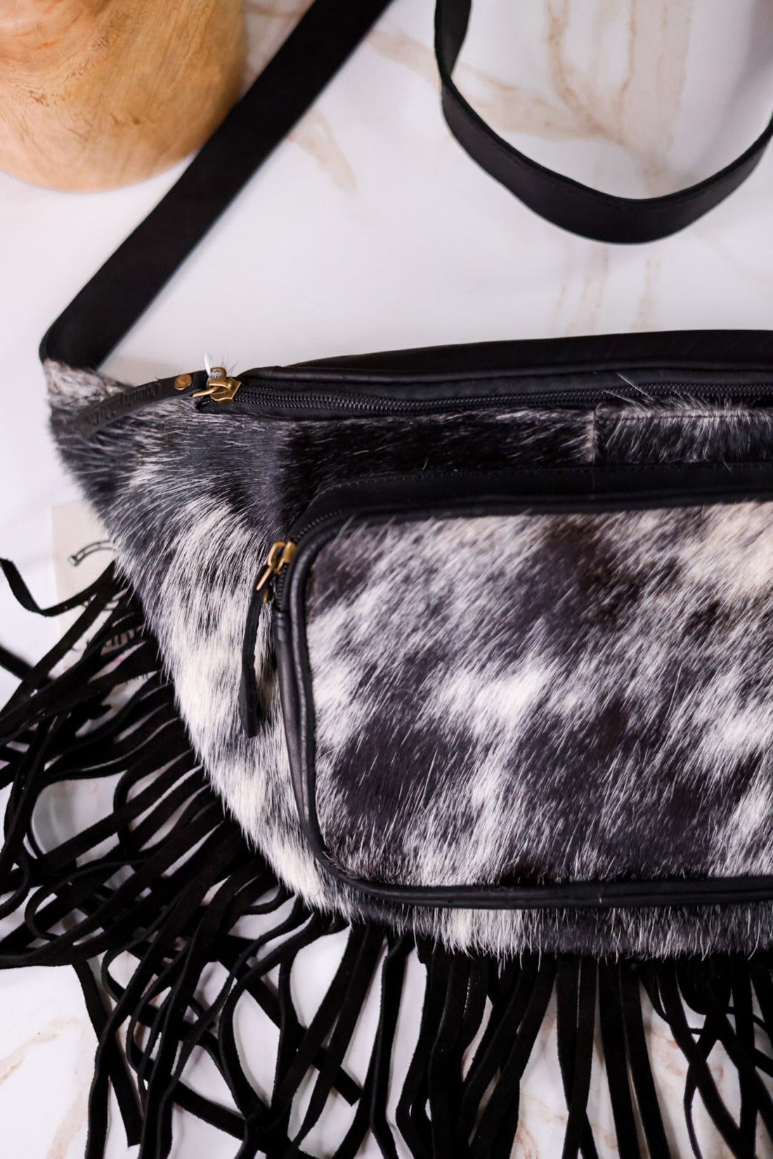 Black & White Cowhide Sling Bag With Fringe - Whiskey Skies - COUNTRYSIDE CO.