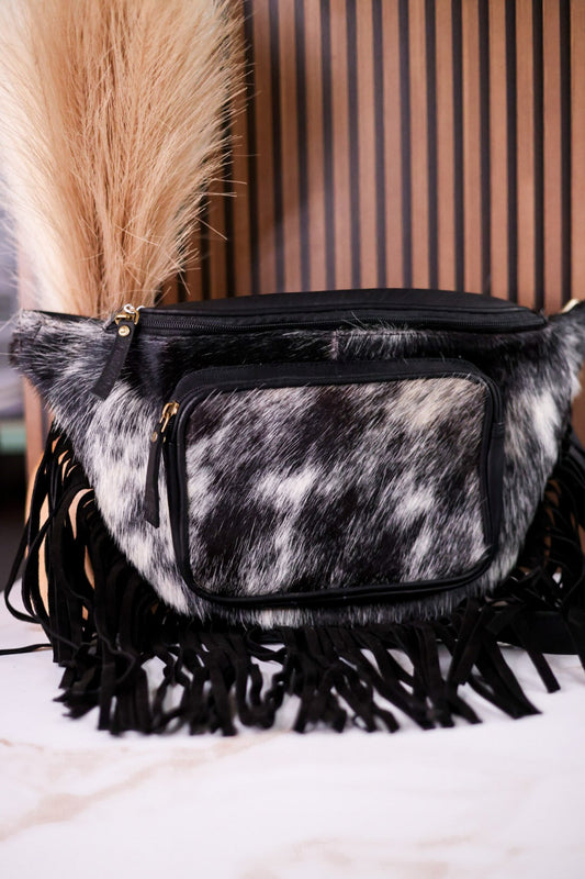 Black & White Cowhide Sling Bag With Fringe - Whiskey Skies - COUNTRYSIDE CO.