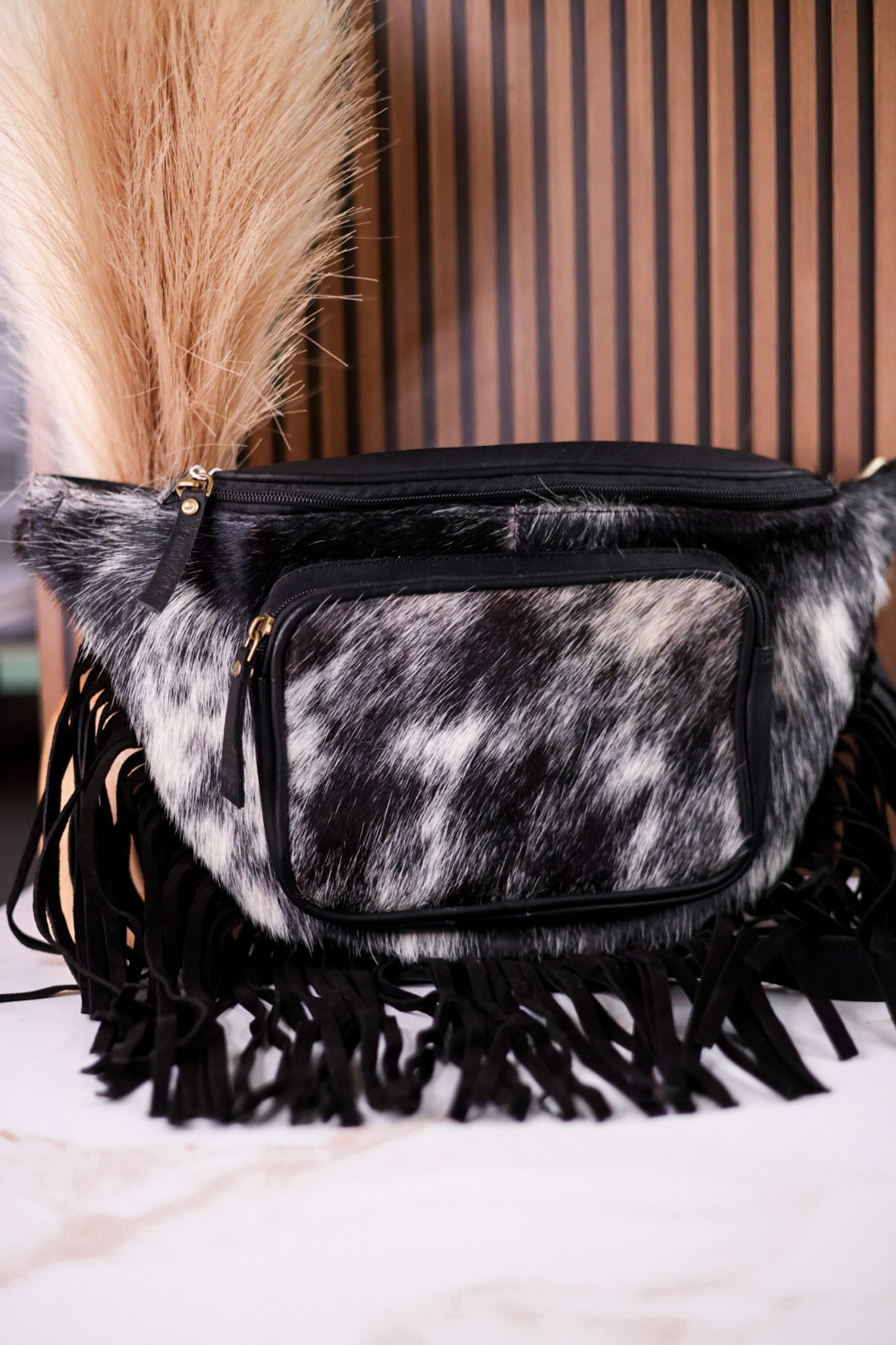 Black & White Cowhide Sling Bag With Fringe - Whiskey Skies - COUNTRYSIDE CO.
