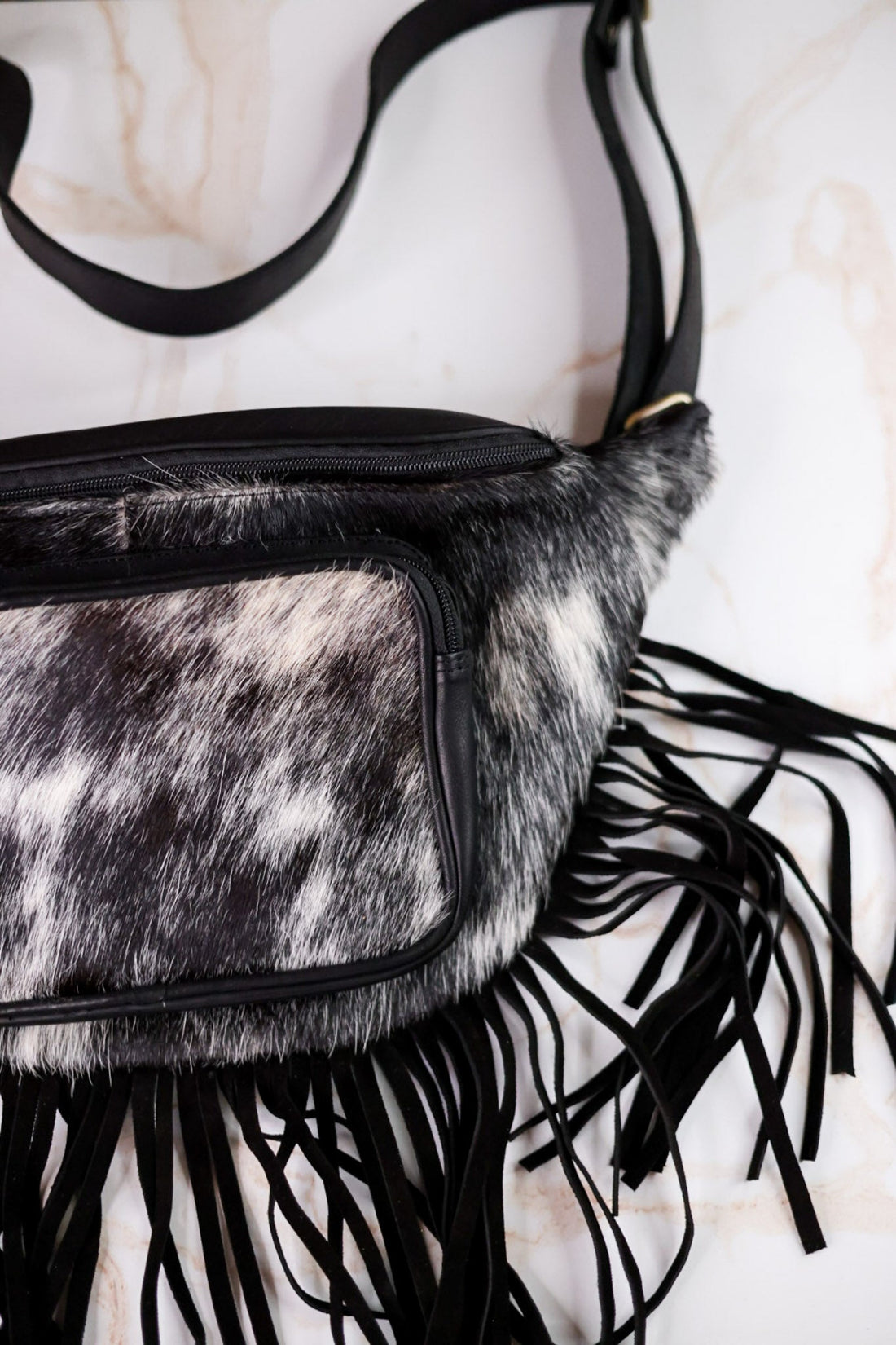 Black & White Cowhide Sling Bag With Fringe - Whiskey Skies - COUNTRYSIDE CO.