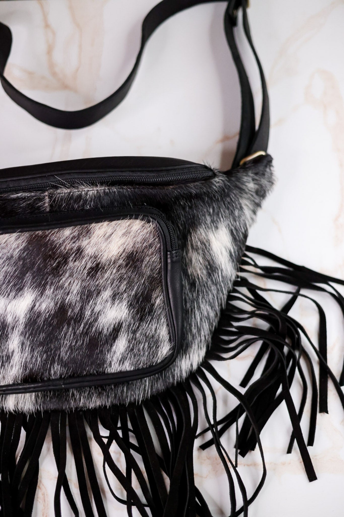 Black & White Cowhide Sling Bag With Fringe - Whiskey Skies - COUNTRYSIDE CO.