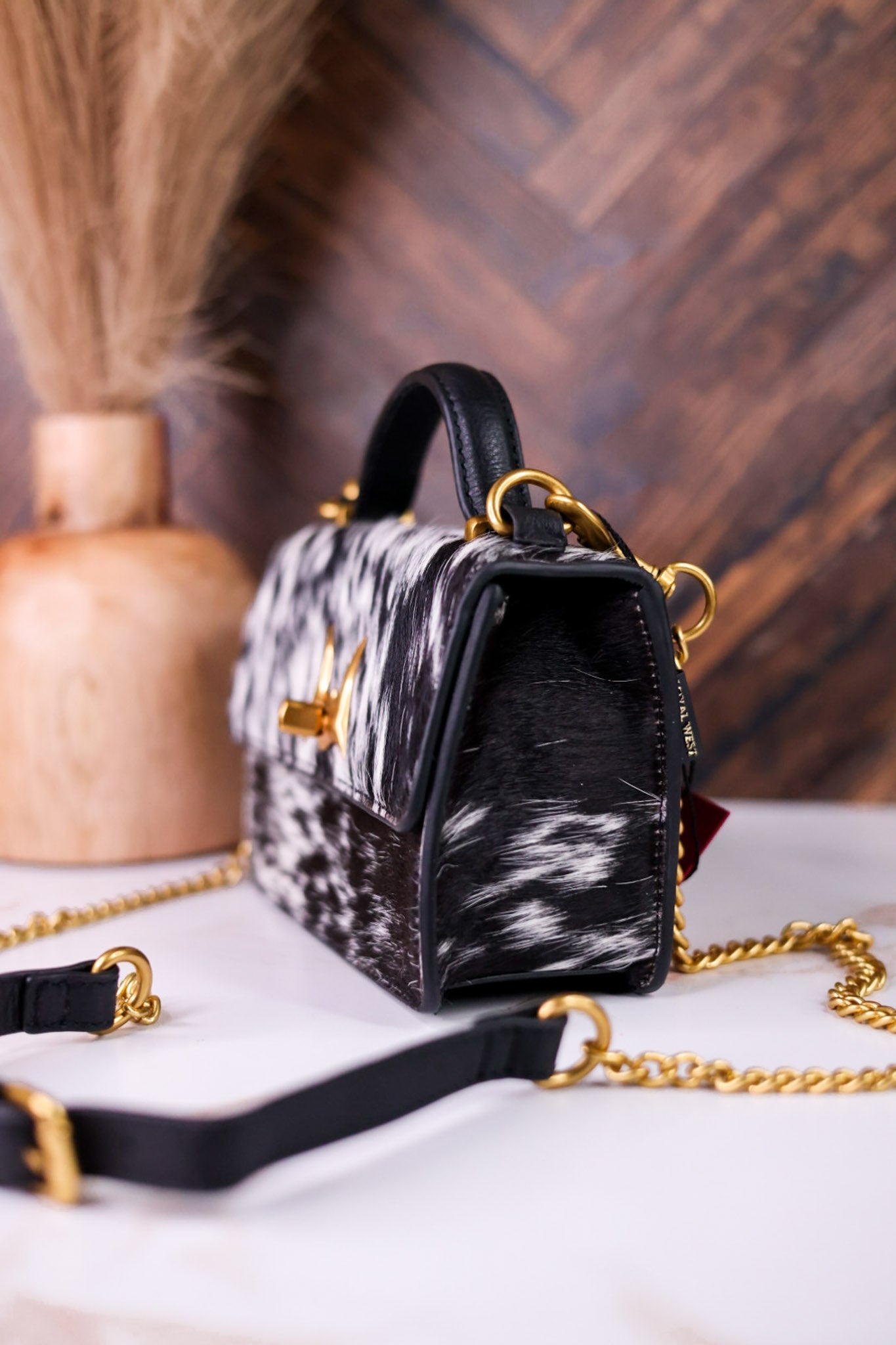 Black & White Cowhide Valencia Ostrich Bag W/ Leather Features - Whiskey Skies - LOYAL WEST
