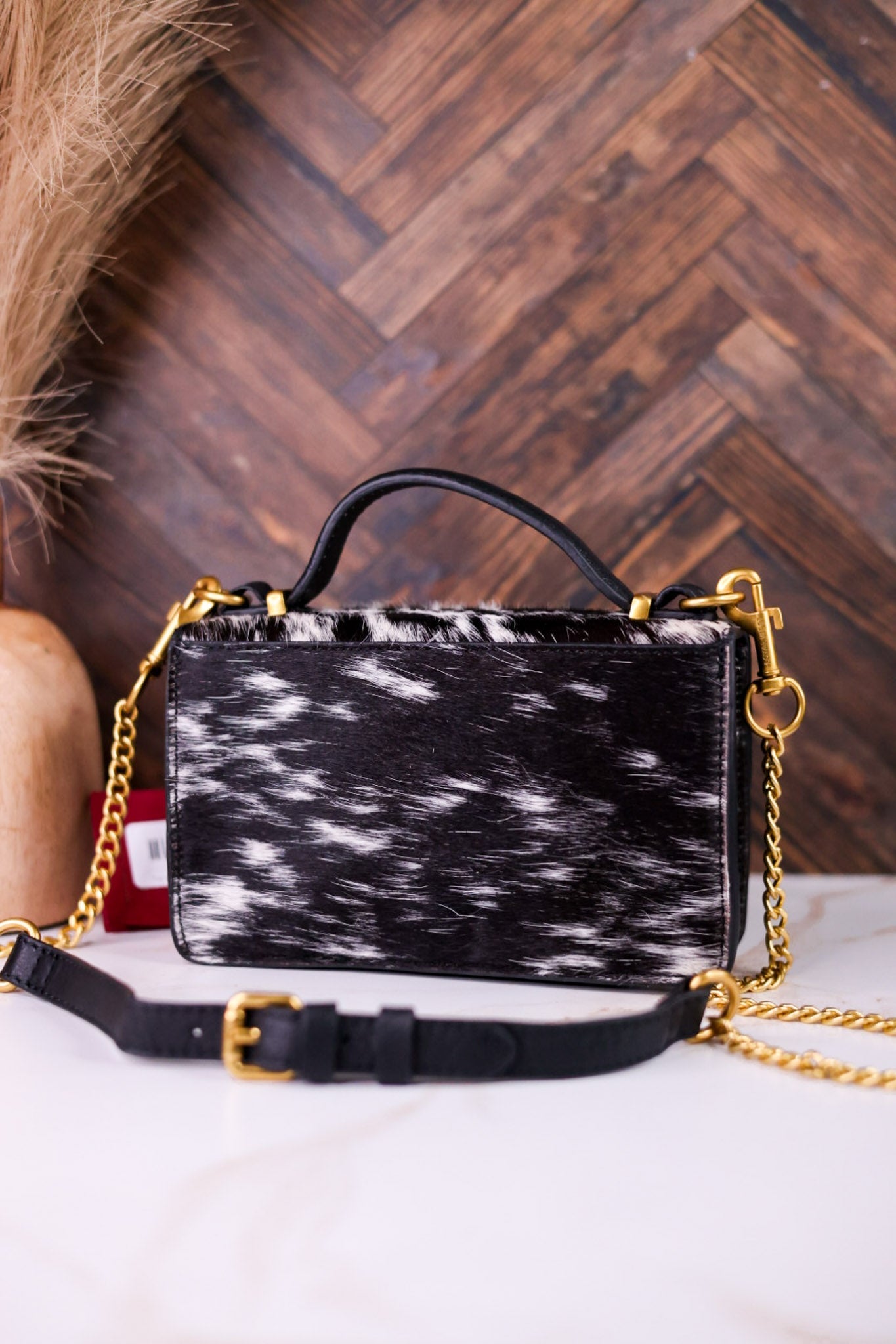 Black & White Cowhide Valencia Ostrich Bag W/ Leather Features - Whiskey Skies - LOYAL WEST