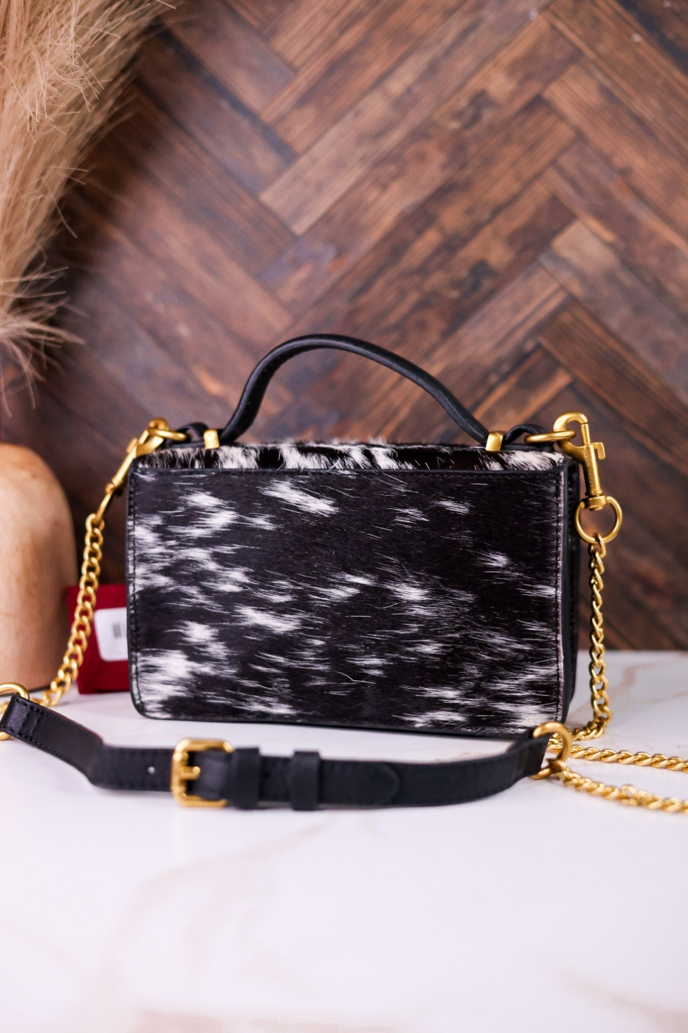 Black & White Cowhide Valencia Ostrich Bag W/ Leather Features - Whiskey Skies - LOYAL WEST