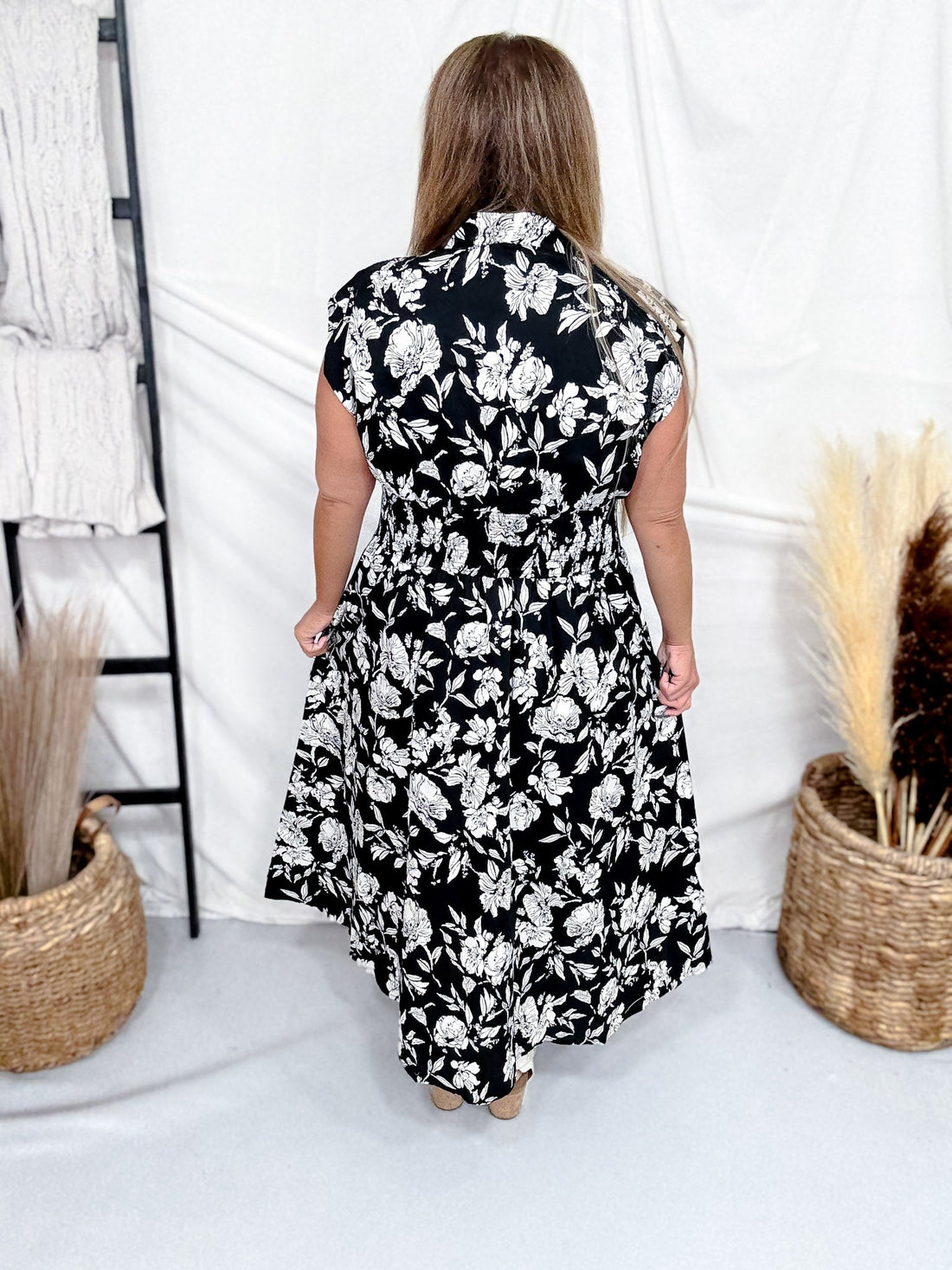 Black & White Floral Print Midi Dress With Smocked Waist - Whiskey Skies - SHE + SKY