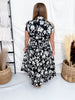 Black & White Floral Print Midi Dress With Smocked Waist - Whiskey Skies - SHE + SKY